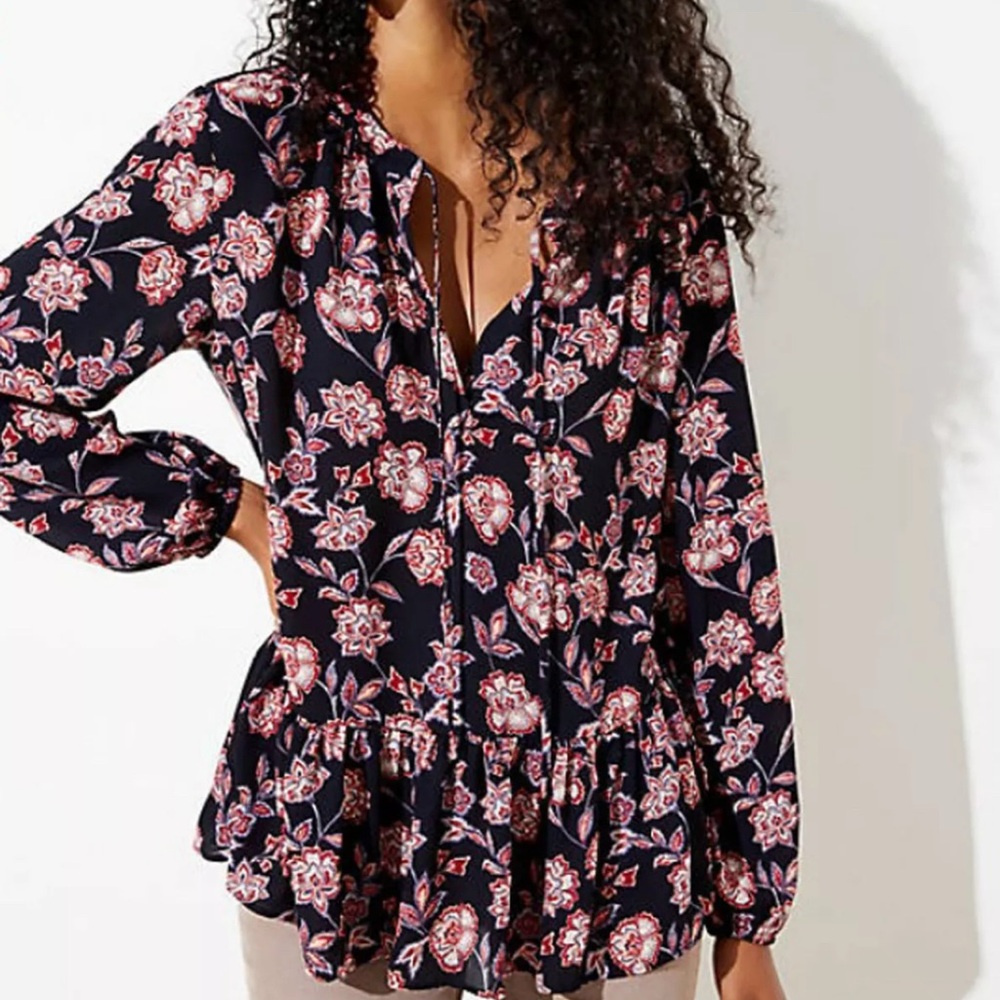 Loft floral garden tie mixed media flounce blouse NWT